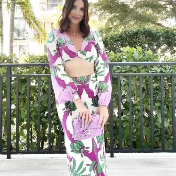 Caroline Constas Twist Front Crop Top & Midi Skirt SET L Linen Blend Floral NEW - Picture 2 of 14